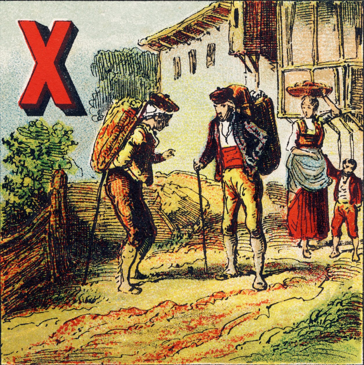 X: Jerez. Ciudad de España famosa por su vino - Grabado extraído de Alfabeto geográfico. Guerin-Muller et Cie, editores, París de Unbekannt