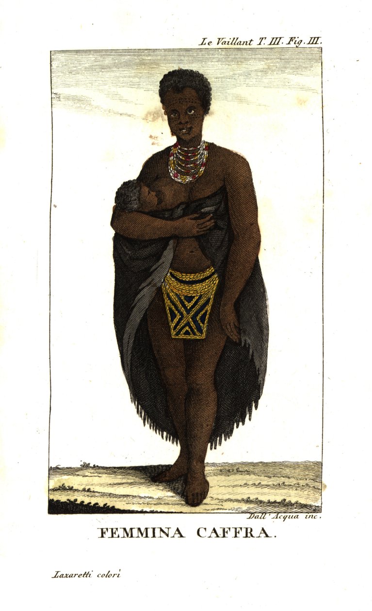 Joven san amamantando a su hijo, Sudáfrica. Lleva capa, collares y falda de cuentas. De Francois Le Vaillant (Levaillant de Unbekannter Künstler