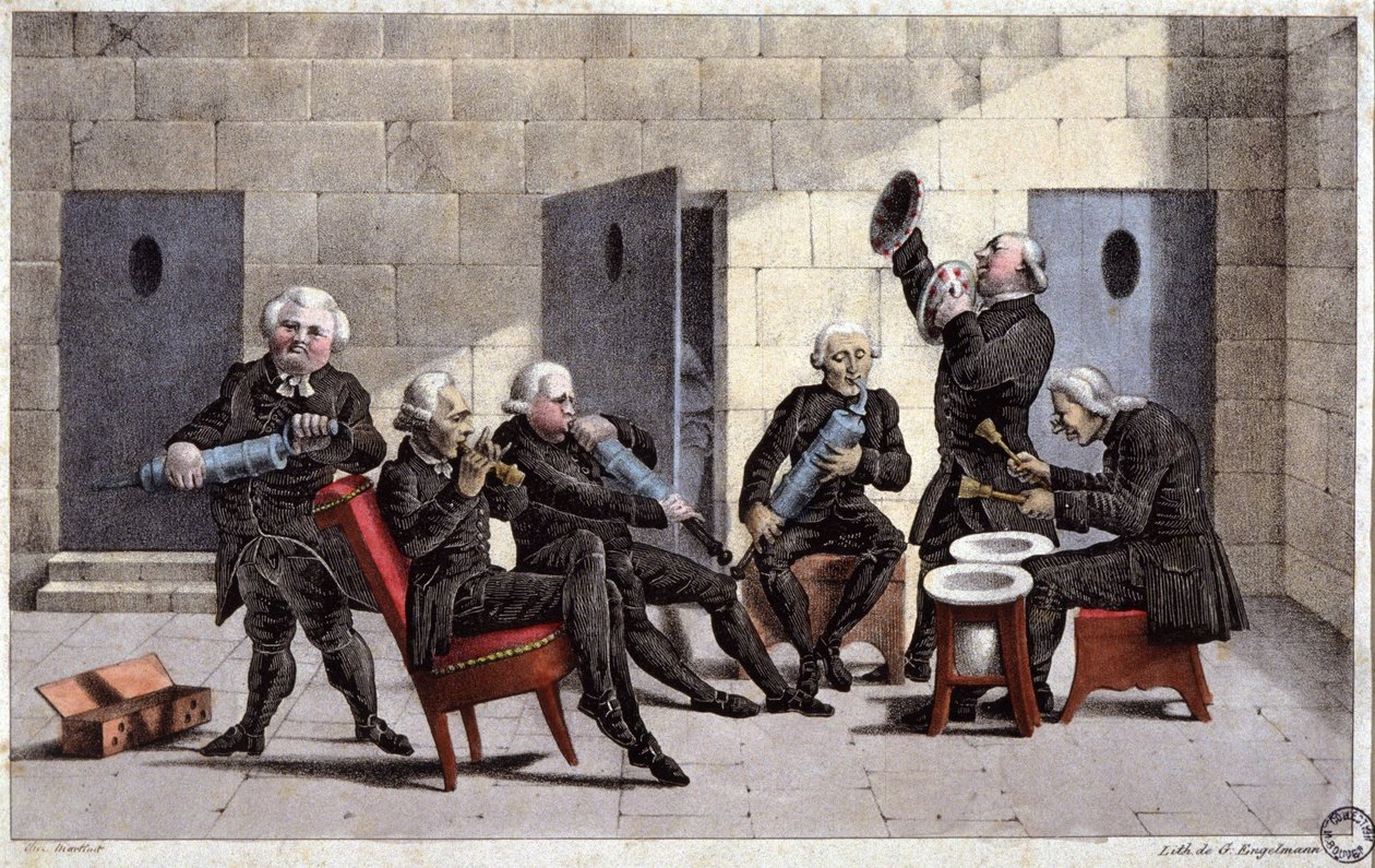 aficionados tocando una courante, caricatura francesa contra los médicos (sosteniendo jeringuillas y orinales como instrumentos musicales) y el purgante en el siglo XVIII, grabado de Elgelmann, c. 1830 de Unbekannter Künstler