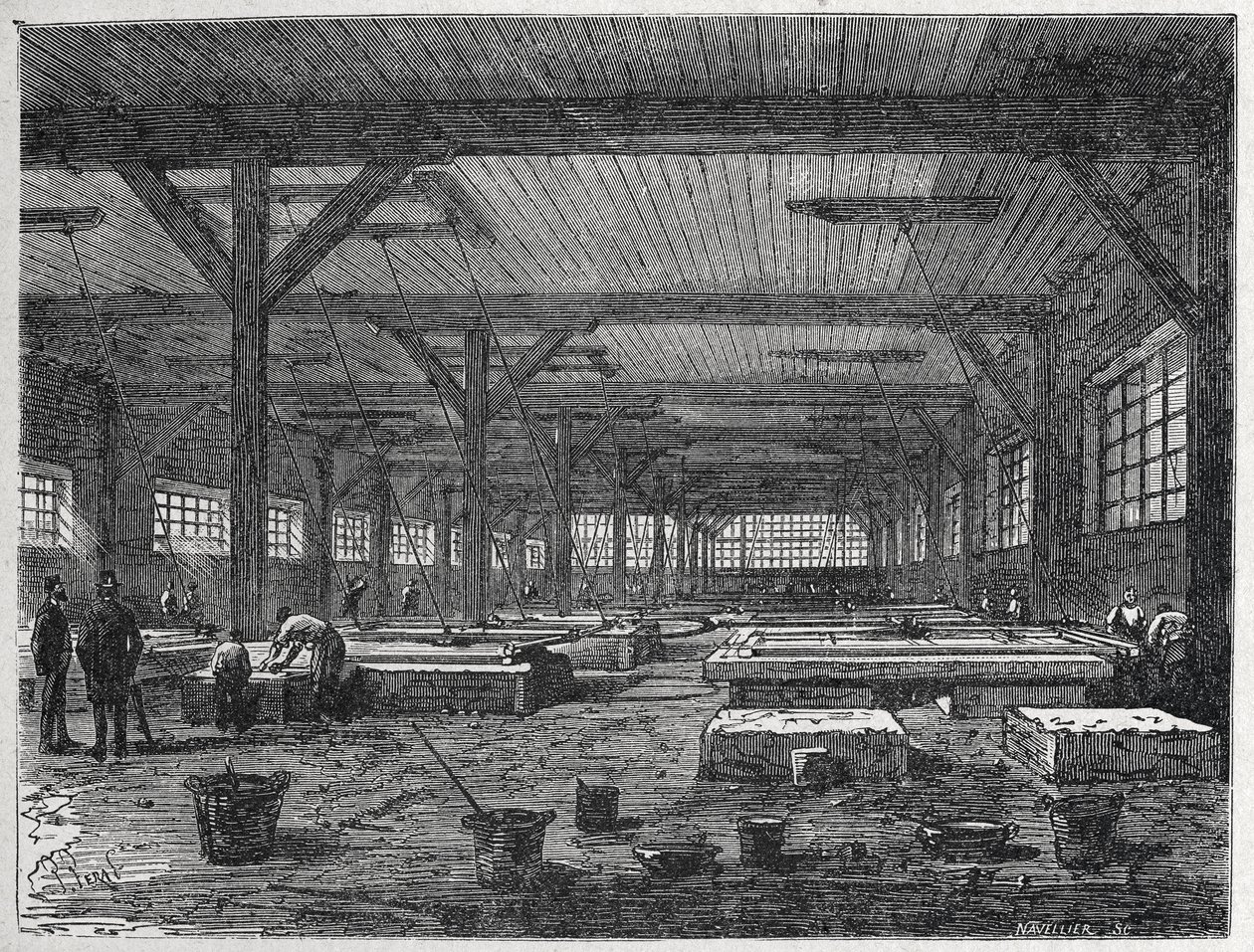 fábrica de vidrio : fabricación de un espejo, c.1880 (grabado) de Unbekannter Künstler