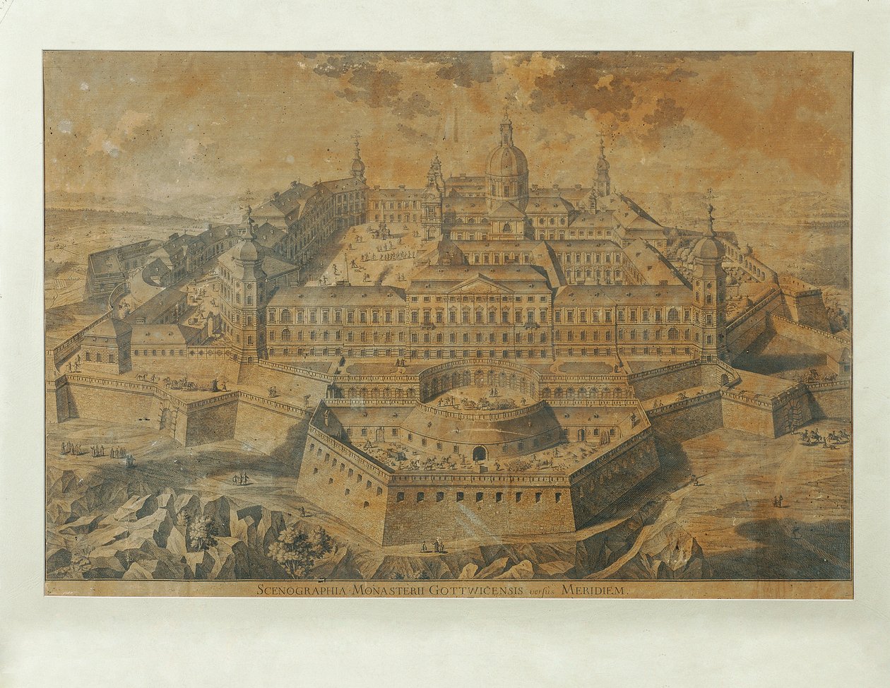 Vista ideal de la abadía de Göttweig de Unbekannter Stecher
