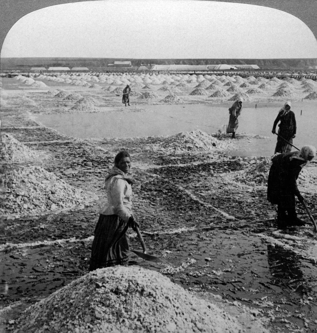 Reservorio después de la evaporación, revelando los campos de sal, Solinen, Rusia de Underwood and Underwood