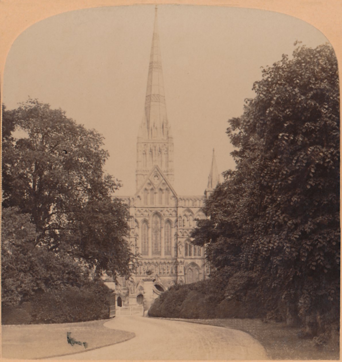 Fachada noroeste de la Catedral de Salisbury, Inglaterra, primera gran iglesia del estilo inglés temprano, 1900 de Underwood and Underwood