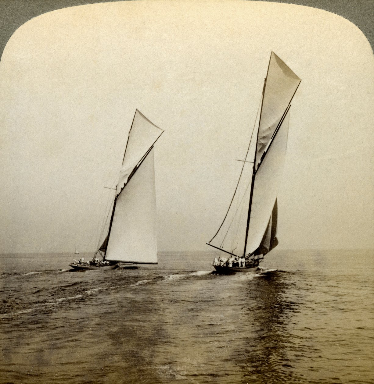 Shamrock I y Shamrock III en una carrera de prueba frente a Sandy Hook, EE.UU. de Underwood and Underwood