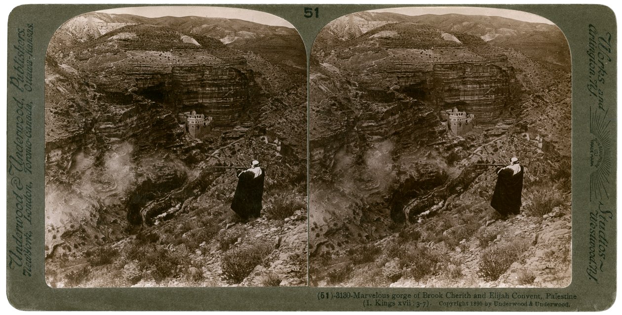 La garganta del arroyo Querit y el convento de Elías, Palestina, 1890 de Underwood and Underwood