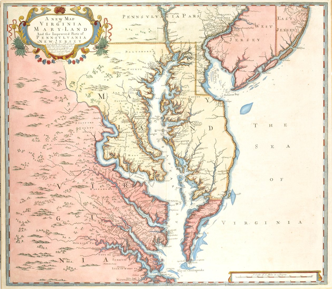 Un nuevo mapa de Virginia y Maryland y de las partes mejoradas de Pensilvania y Nueva Jersey de Unidentified