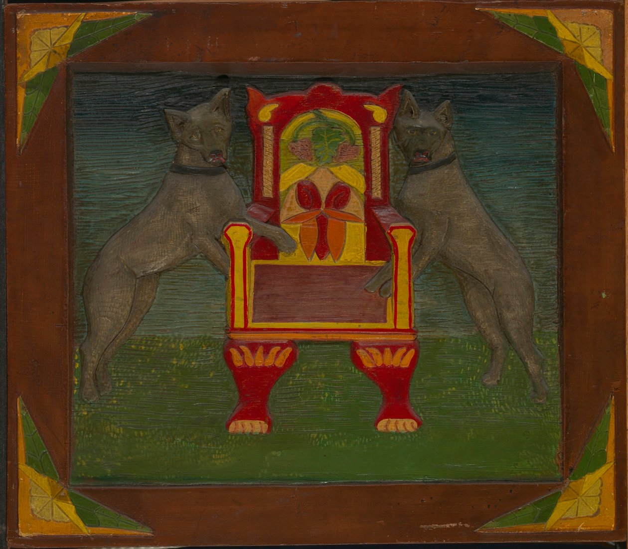 Panel emblemático con dos perros y un trono de Unidentified
