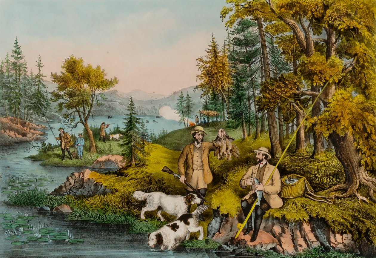 Escenas de caza, pesca y bosques--Buena suerte a todos de Unidentified