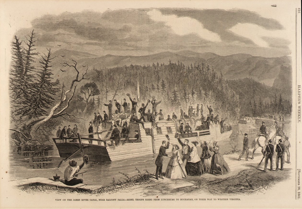 Vista sobre el canal del río James, cerca de Balcony Falls. -Tropas rebeldes yendo de Lynchburg a Buchanan, en su camino hacia Virginia Occidental, de Harper