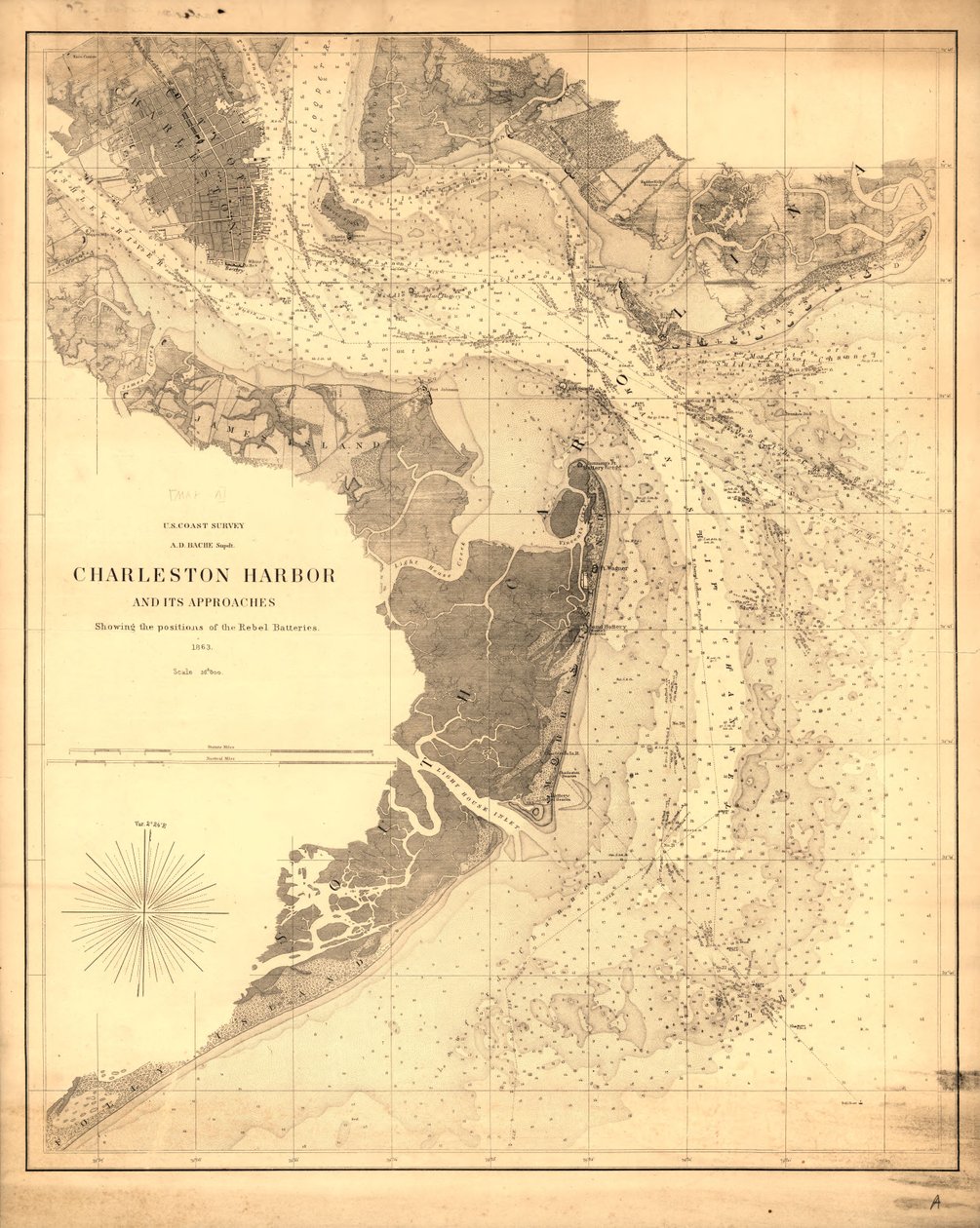 El puerto de Charleston y sus accesos mostrando las posiciones de las baterías Rebeldes. LOC 99448822 de United States Coast Survey