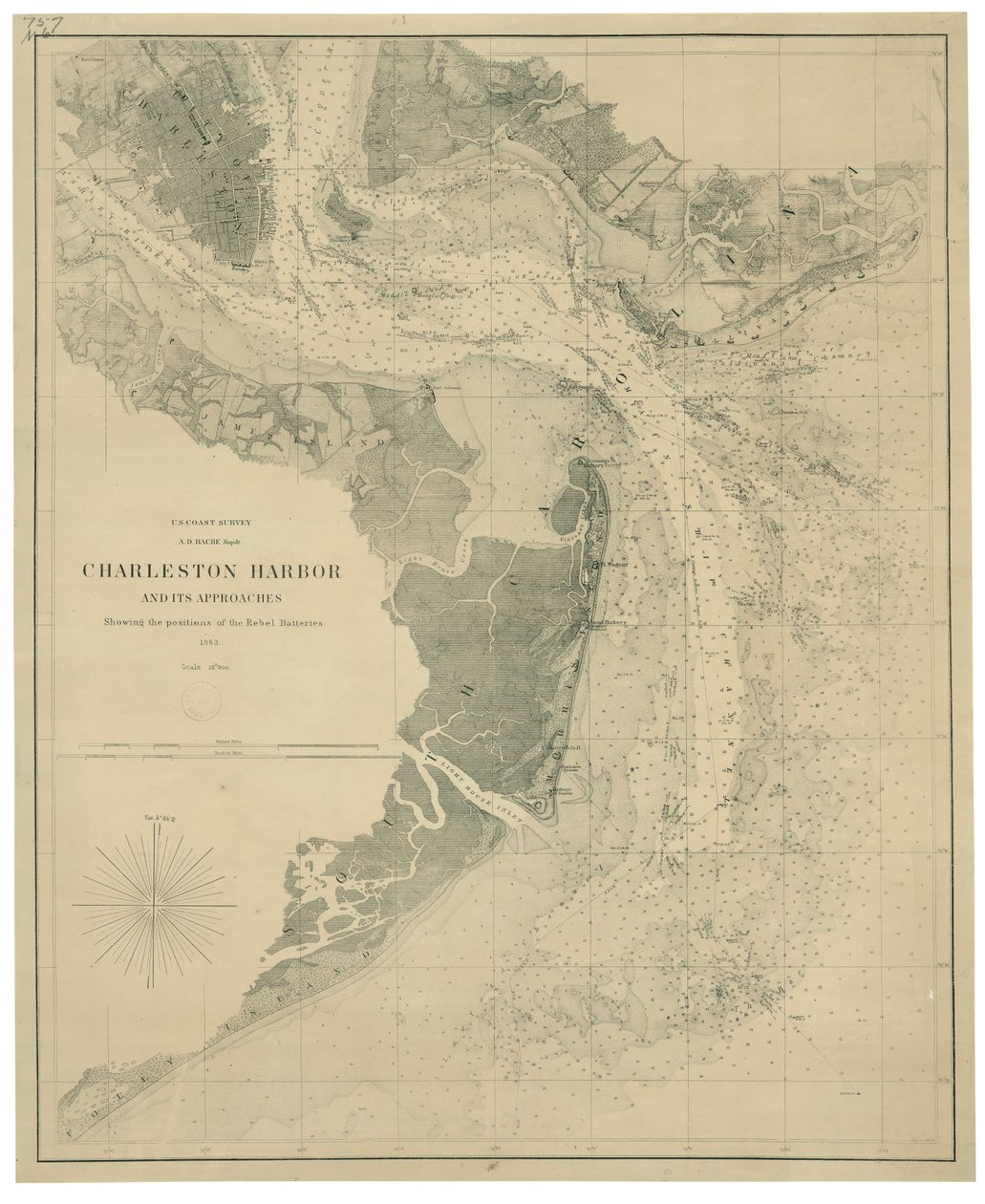 El puerto de Charleston y sus accesos mostrando las posiciones de las baterías rebeldes LOC lva0000206 de United States Coast Survey