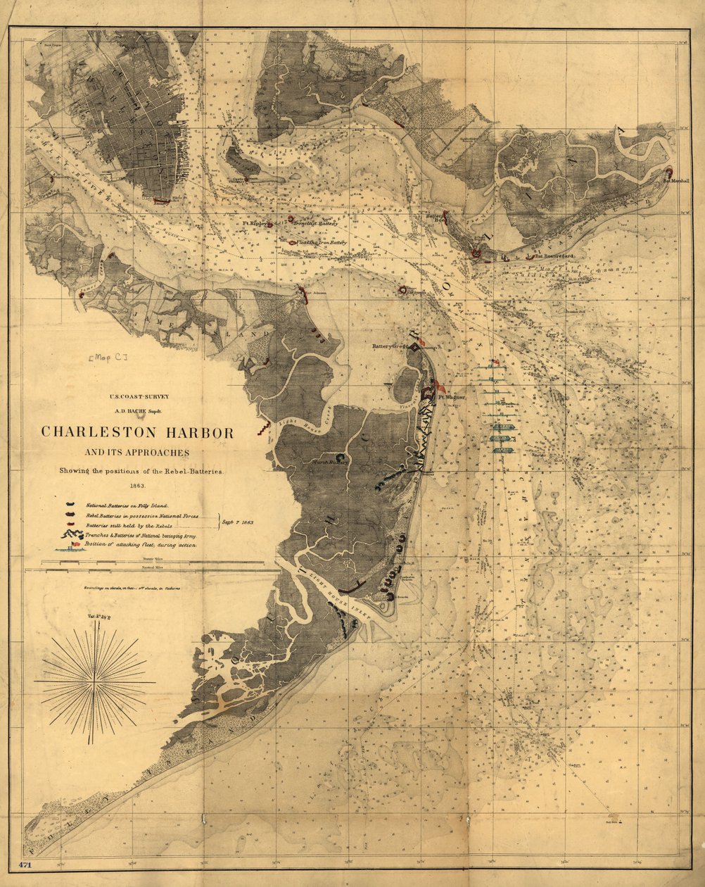 El puerto de Charleston y sus accesos mostrando las posiciones de las baterías Rebeldes. LOC 99448827 de United States Coast Survey