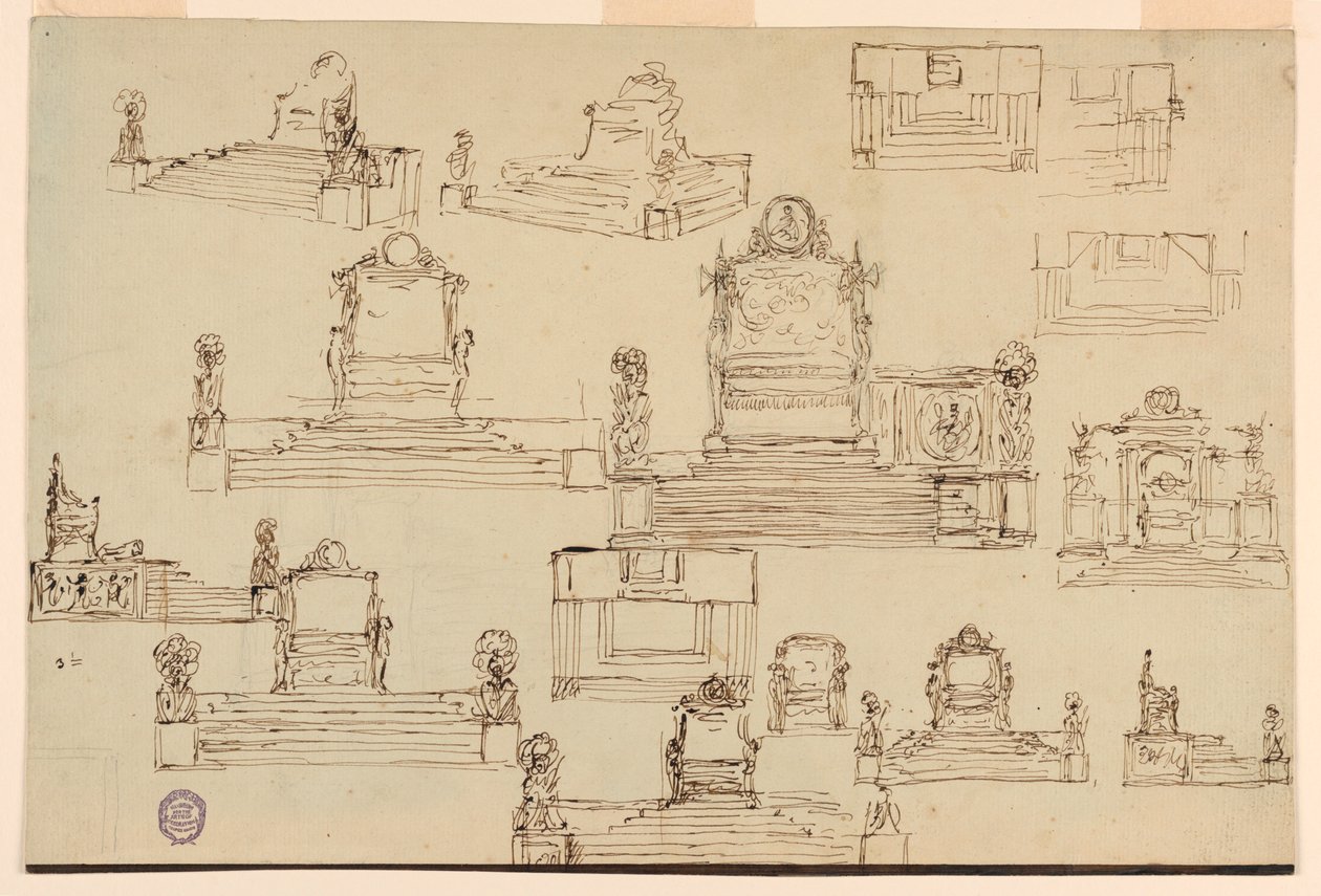 Dibujo, quince bocetos para un trono, ca. 1810 de Unknown