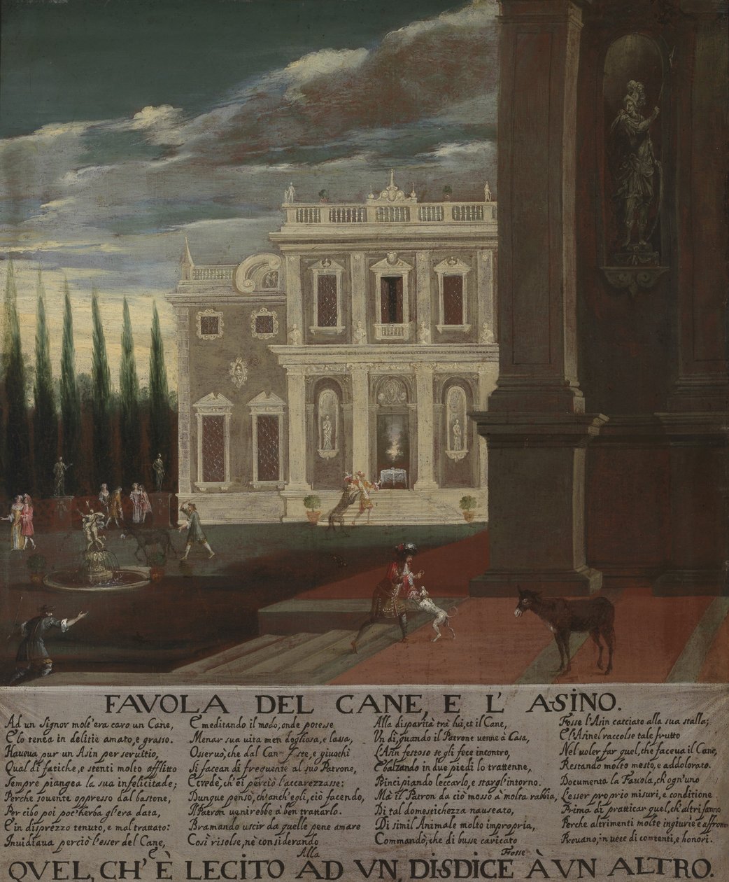 Ilustración de la fábula sobre el perrito y el burro de Unknown