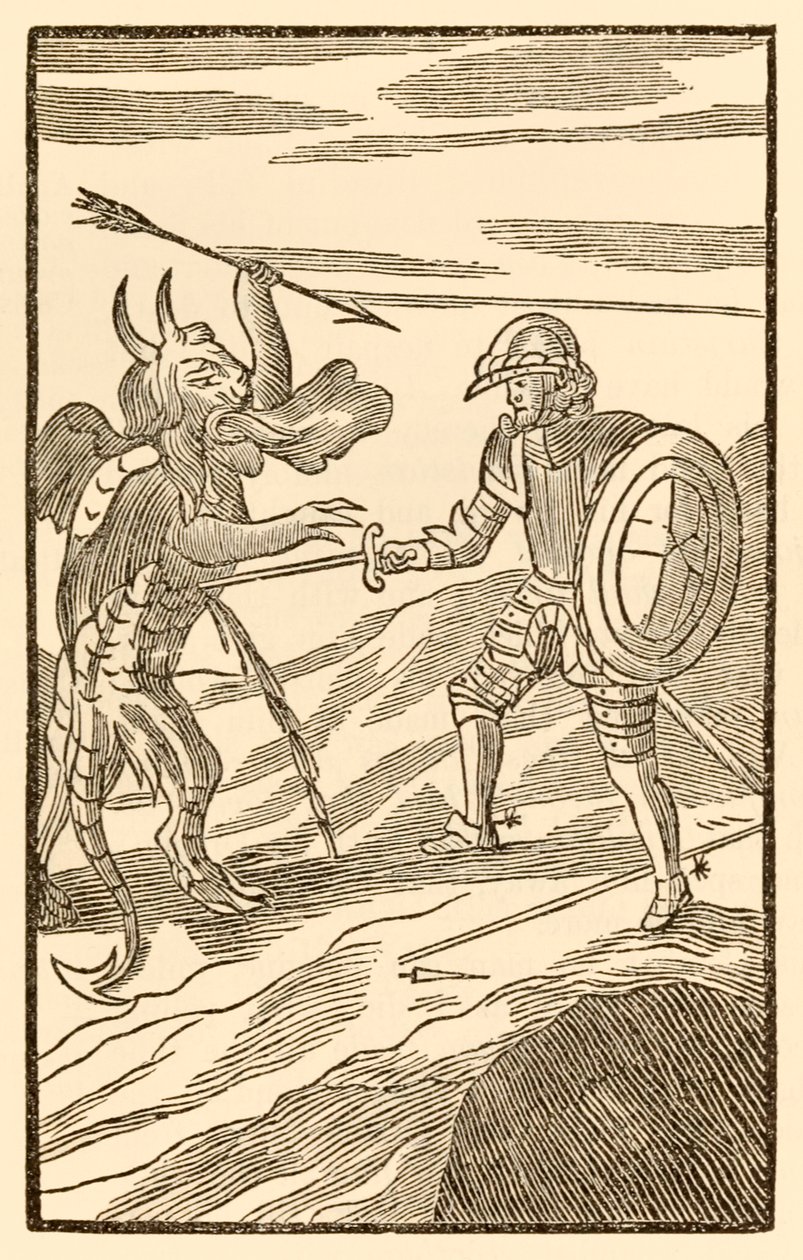 "Una lucha más desigual apenas puede ser: Christian debe luchar contra un ángel" de "El progreso del peregrino de este mundo, al que ha de venir" de John Bunyan de Unknown