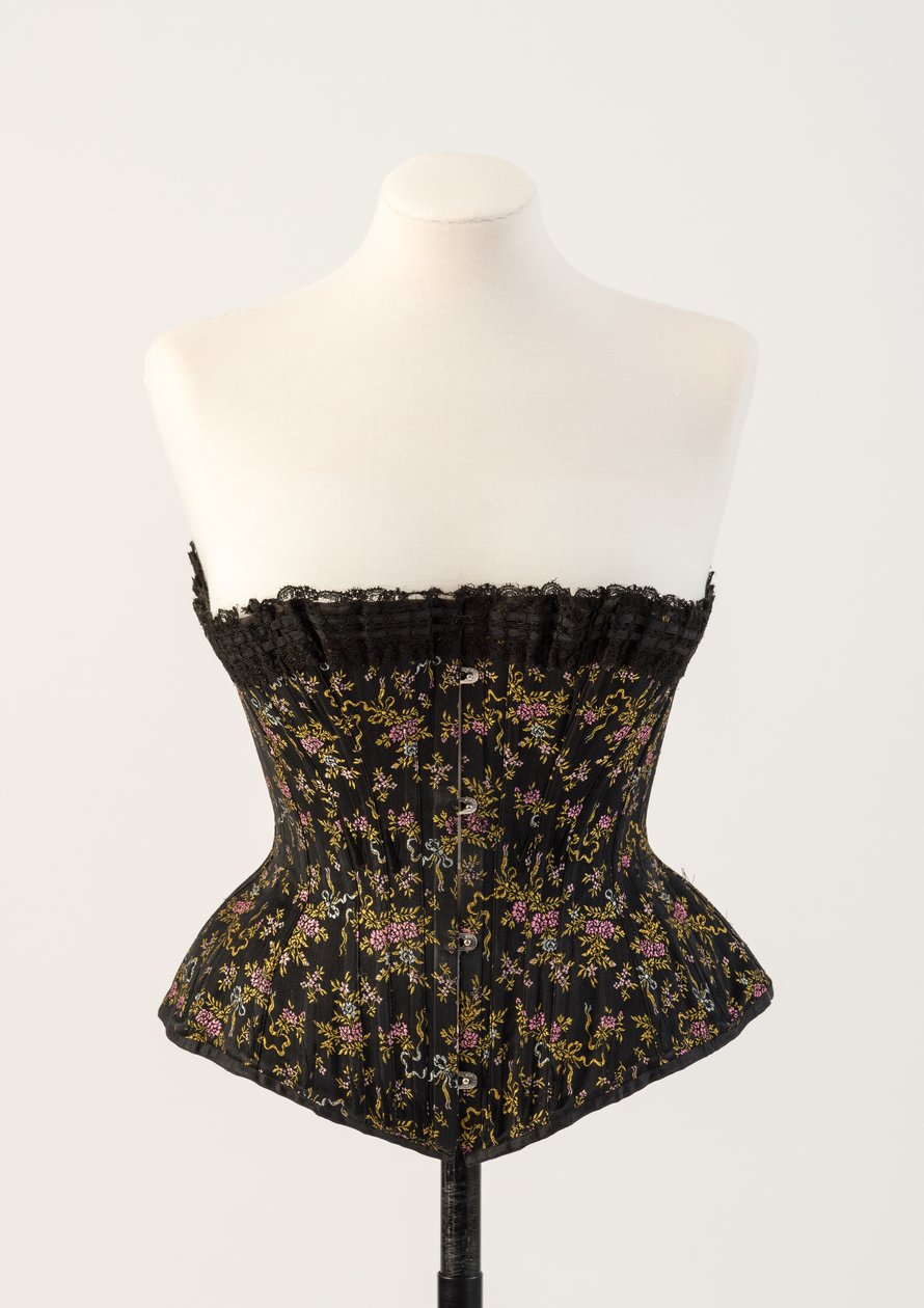 Corsé negro de seda tejida con pequeñas flores azules y rosas, 1890s de Unbekannt Unbekannt