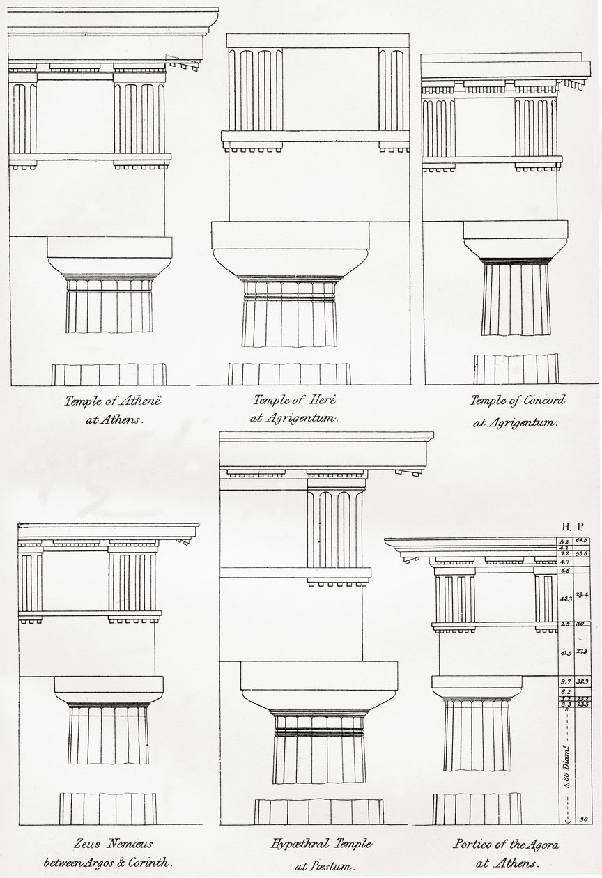 Ejemplos de órdenes dóricos de la arquitectura griega, de The National Encyclopaedia, publicado c.1890 de Unbekannt Unbekannt