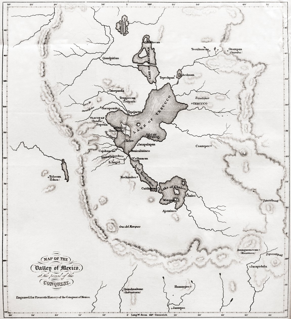 Mapa del Valle de México en la época de la conquista, de Historia de la Conquista de México, publicado en 1850 de Unbekannt Unbekannt