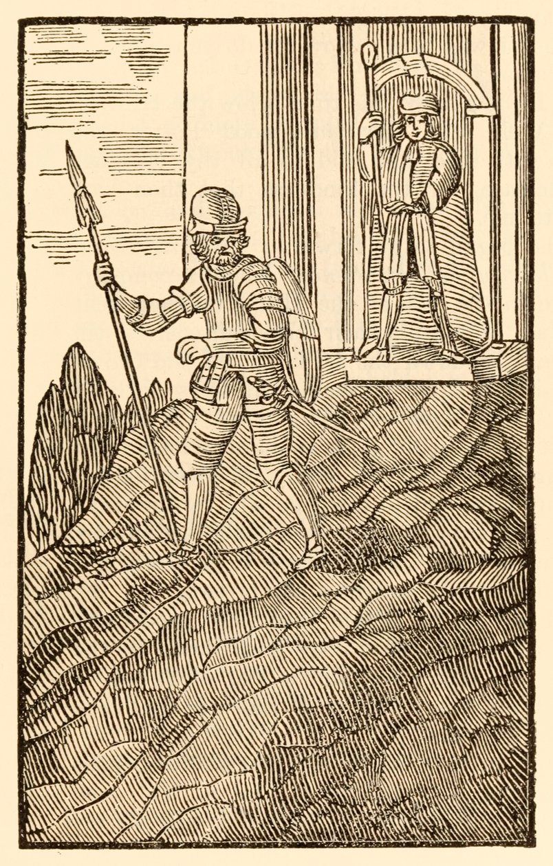 "Mientras Christian está entre sus amigos piadosos... Está contento con acero del norte de pies a cabeza." de "El progreso del peregrino de este mundo, al que está por venir" por John Bunyan de Unknown