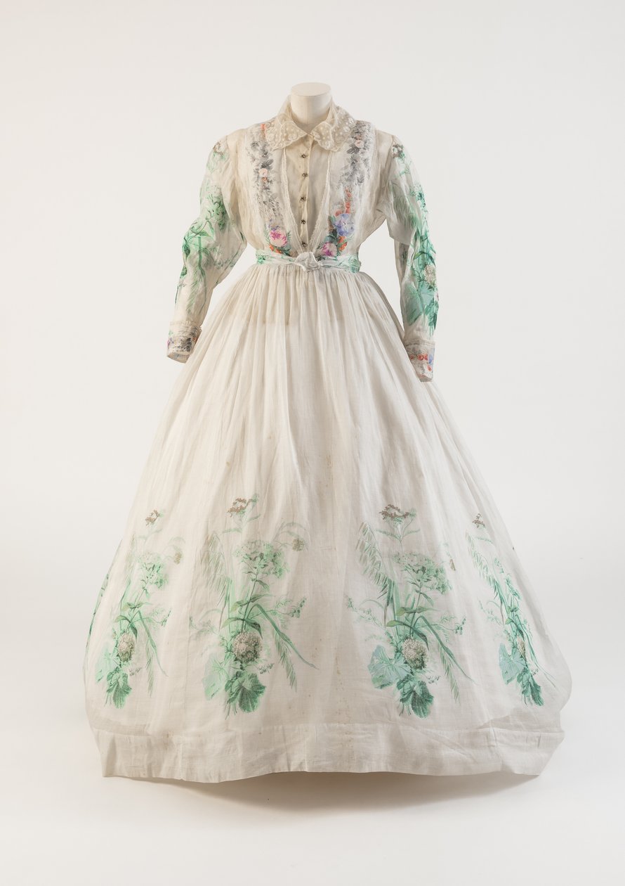 Vestido de muselina de algodón blanco con diseño de estampado floral verde, 1860s de Unbekannt Unbekannt