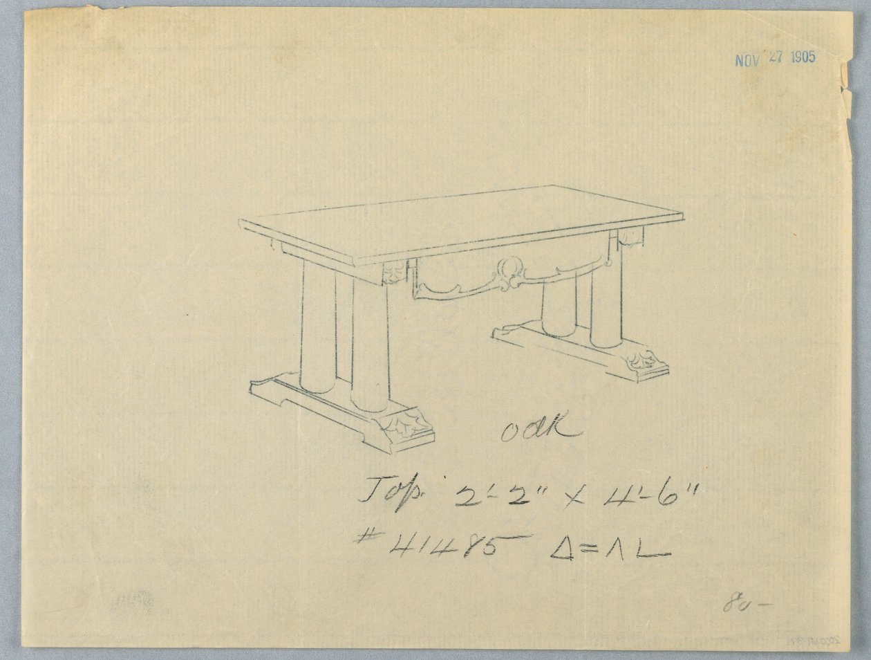 Dibujo, Diseño para una mesa grande con soportes columnarios y base de frontón, 1900-05 de Unknown