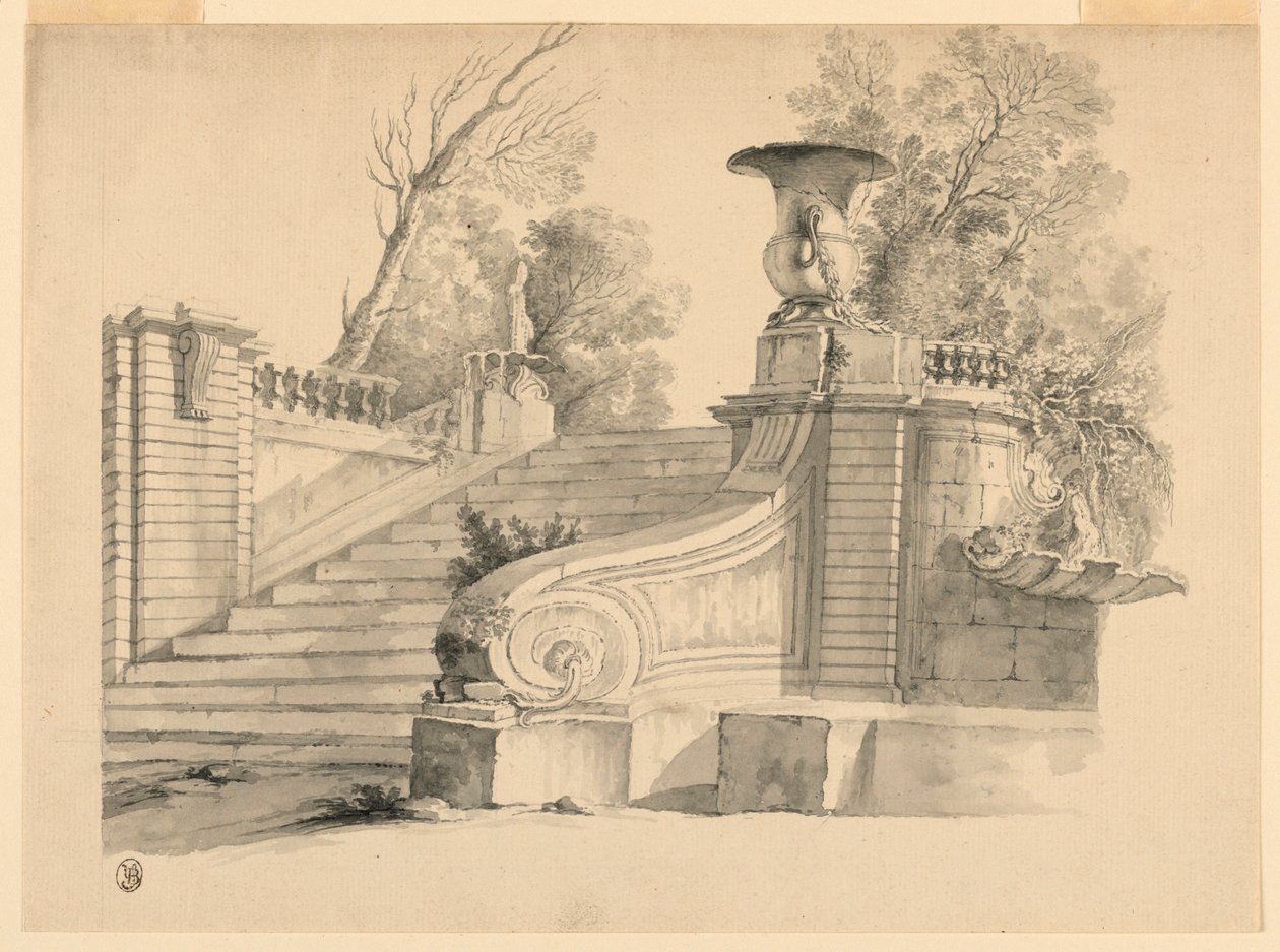 Dibujo, Fantasía. Una escalera en un parque, en ruinas de Unknown