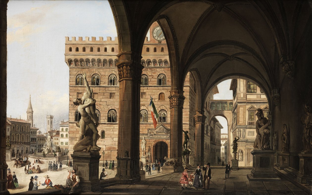 Vista desde la Loggia dei Lanzi hacia el Palazzo della Signoria en Florencia de Unknown