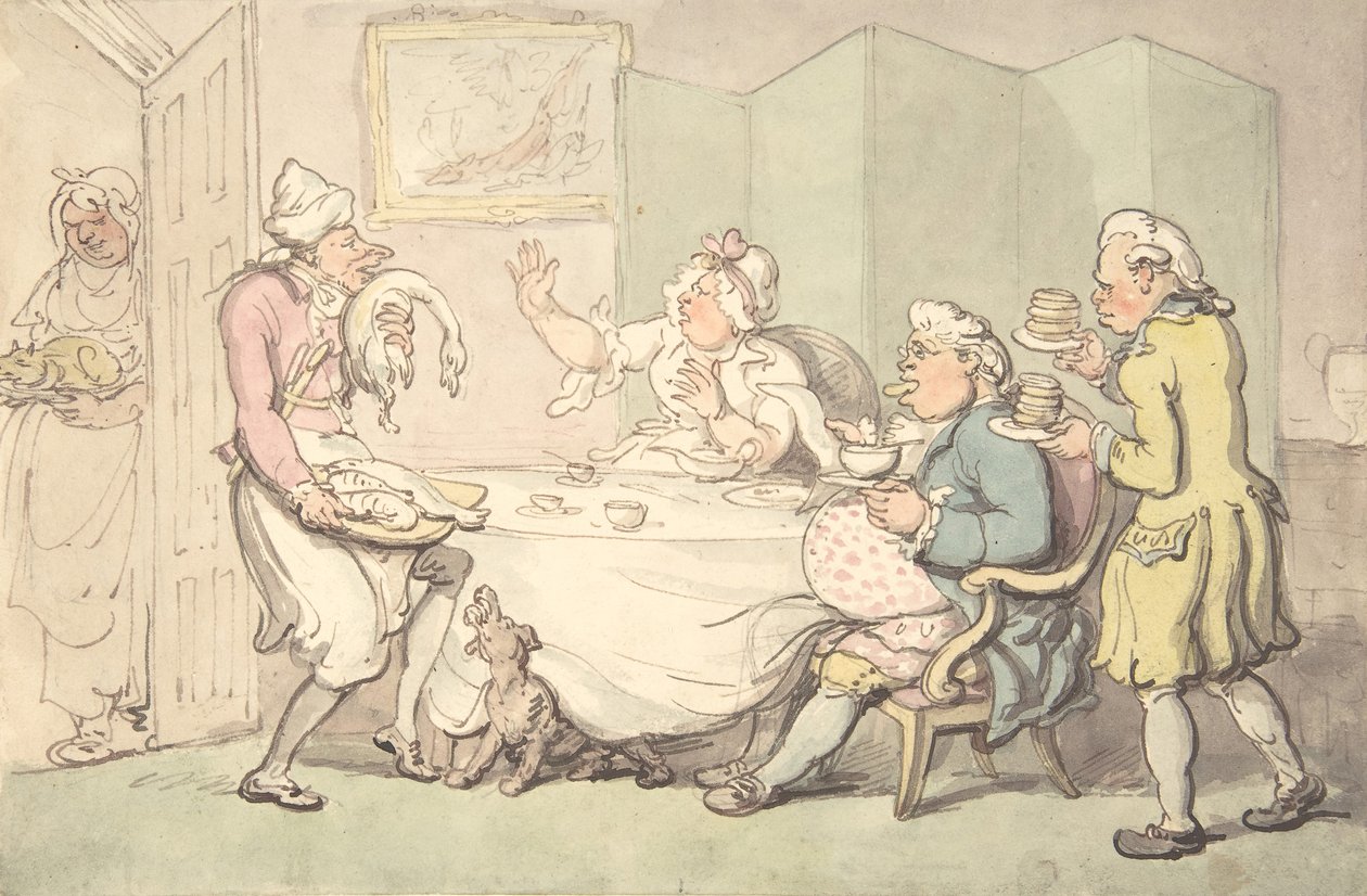 Una pareja en la mesa con sirvientes, siglo XVIII-XIX de Unknown,Unknown.