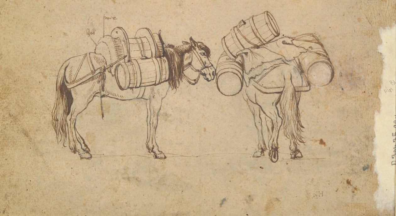Una vista sobre el Tíber cerca de la Ripa Grande, Roma (anverso); estudio para dos caballos cargando barriles (verso) de Unknown