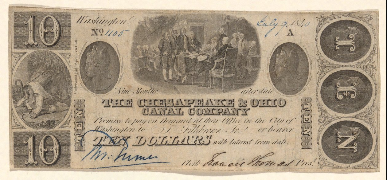 Billete de banco por $ 10 emitido por The Chesapeake and Ohio Company con prueba de viñeta de Trumbull de Unknown