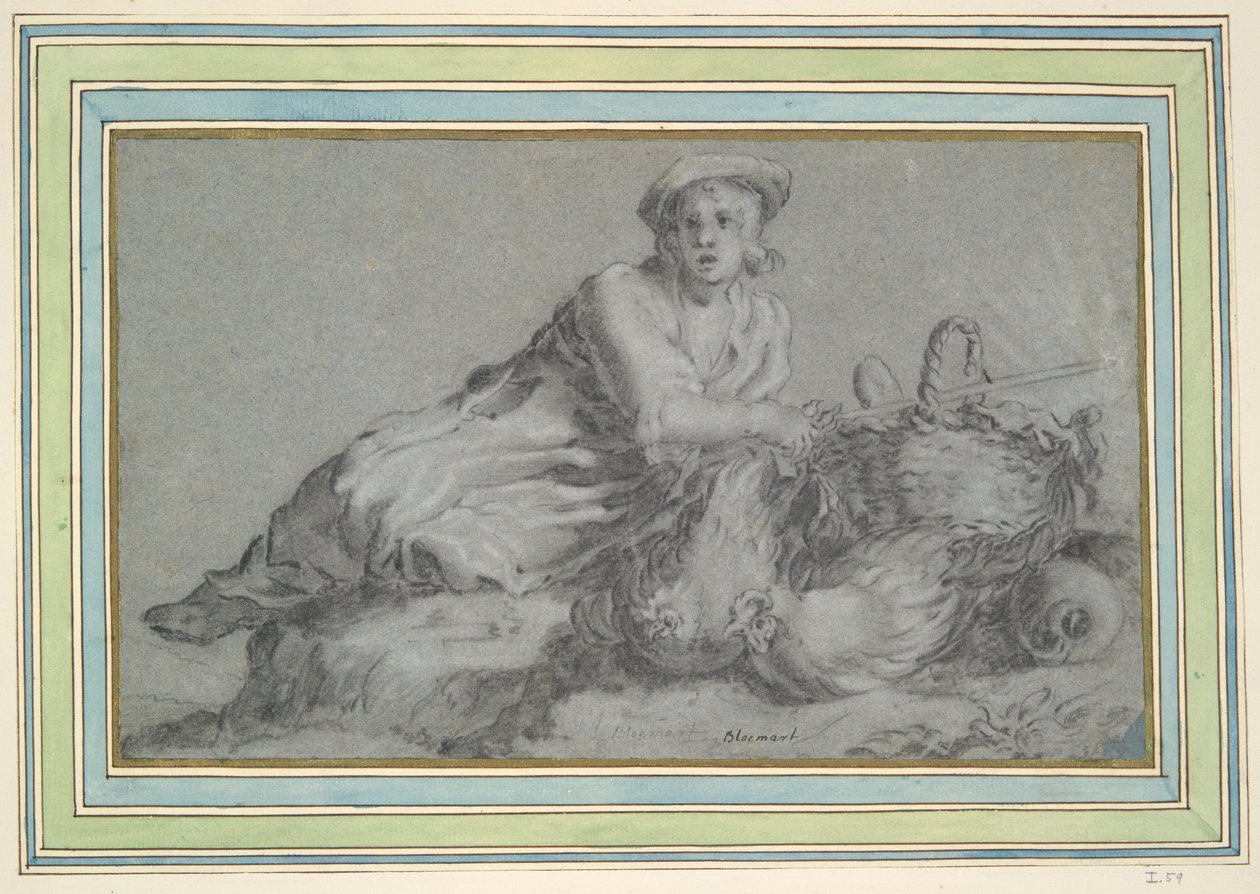 niño con dos gallinas y una cesta de Unknown
