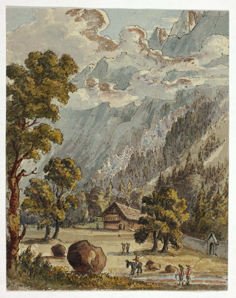 Chalet y jardín bajo los Alpes (anverso); Village  Glacier du Boissons, Chamix (reverso) de Unknown
