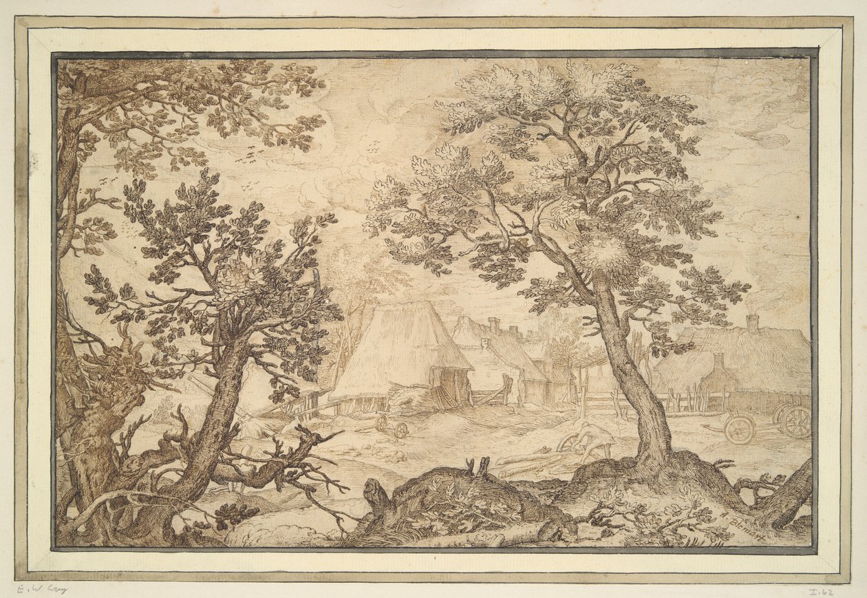 Edificios agrícolas vistos a través de una pantalla de árboles de Unknown