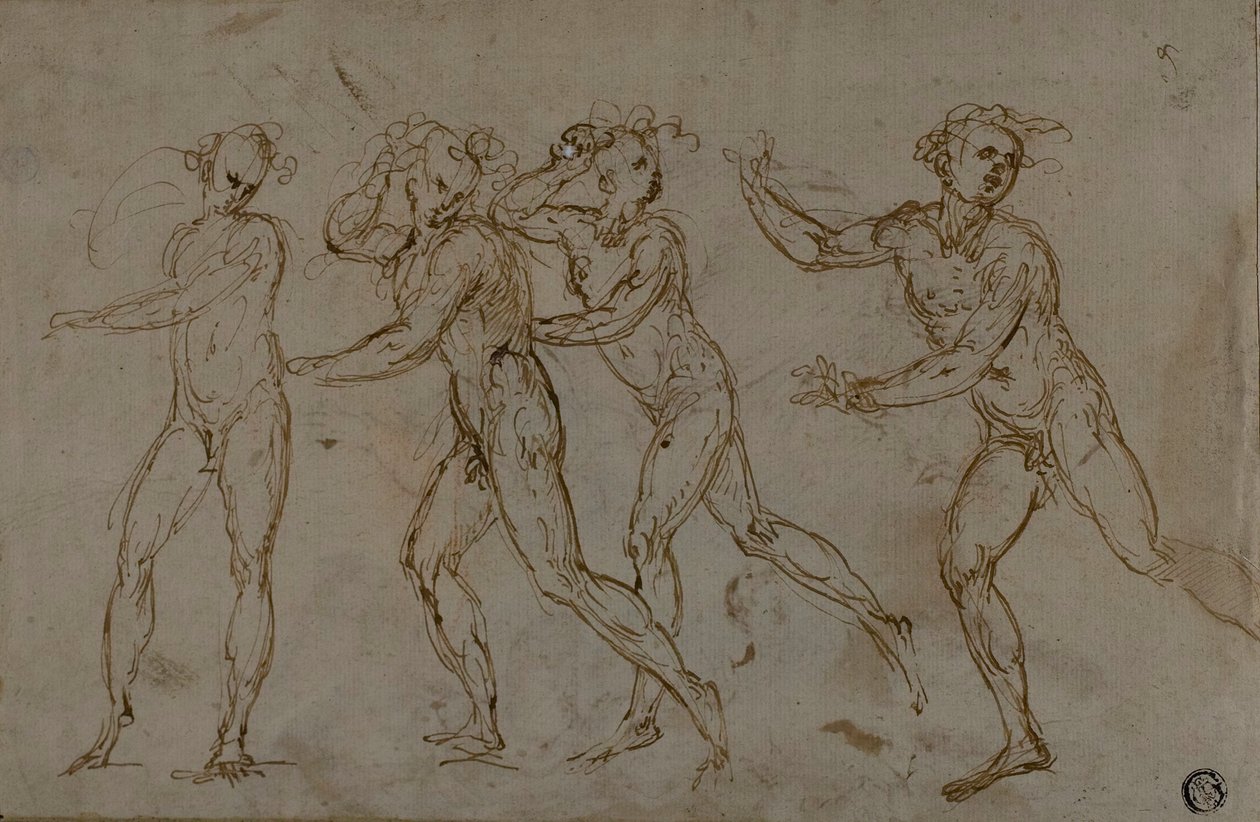 Cuatro Desnudos Masculinos Corriendo (recto); Sagrada Familia con el Niño Juan el Bautista (verso) de Unknown