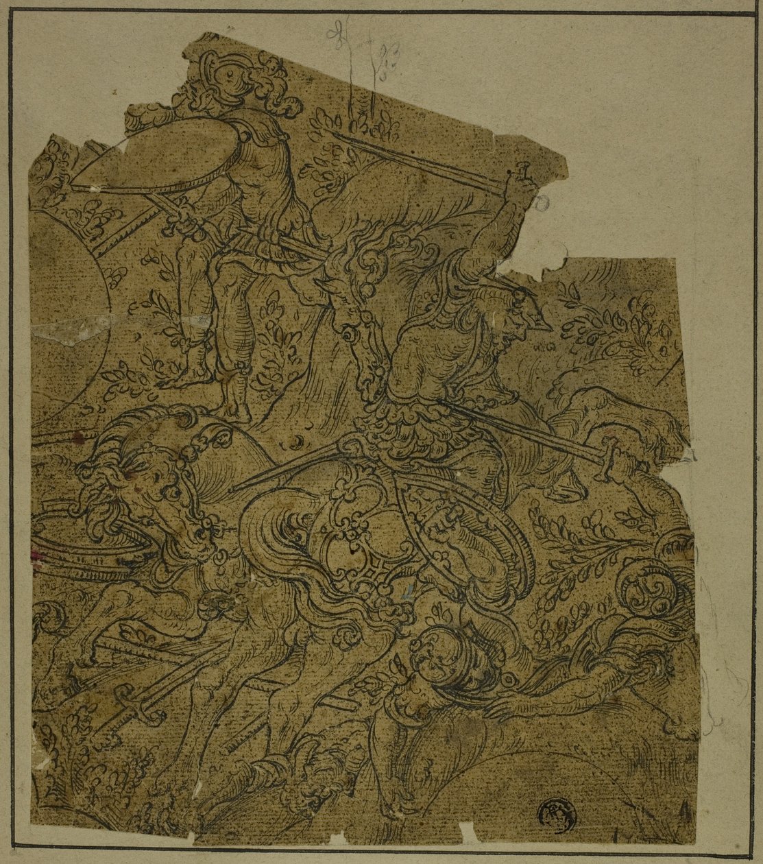 Fragmento: Guerreros armados a caballo luchando contra soldados de a pie de Unknown