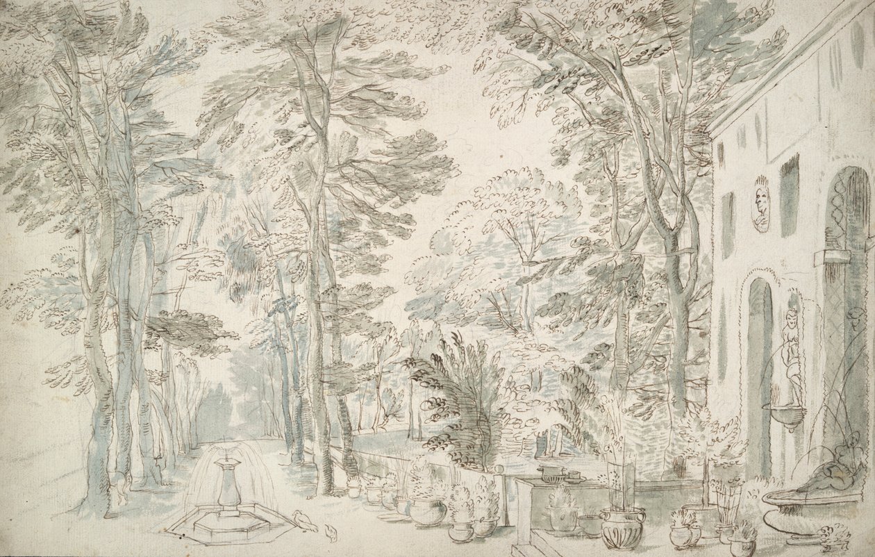 Jardín con Fuentes y Arbustos en Macetas de Unknown