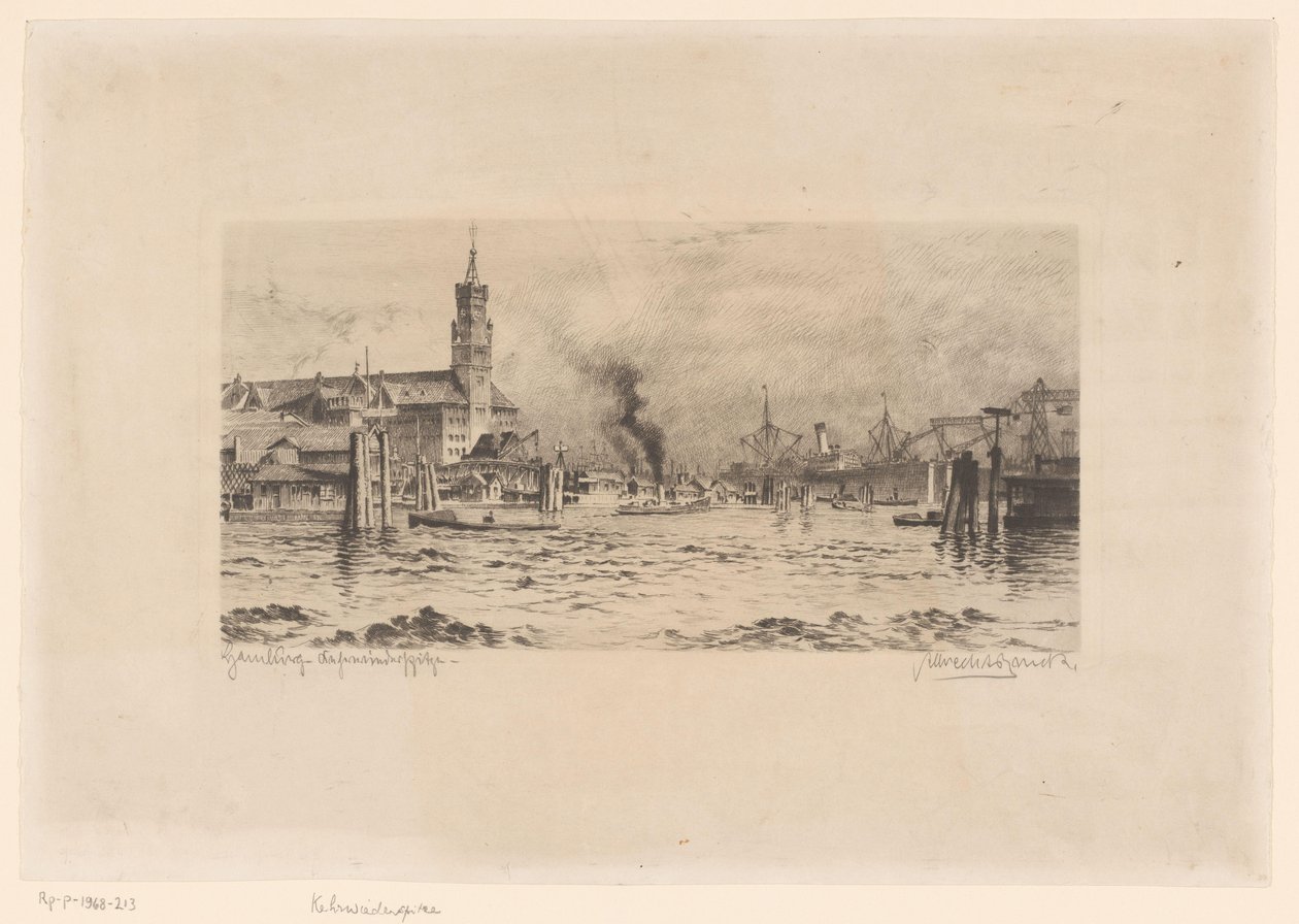 Vista del Kehrwiederspitze y de una iglesia, en Hamburgo de Unknown