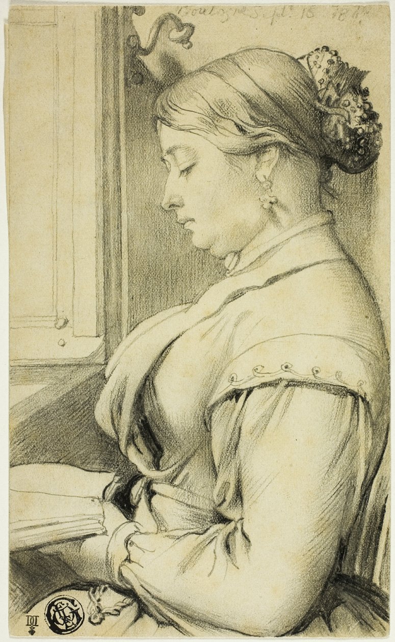 Retrato de medio cuerpo de mujer (de perfil a la izquierda) leyendo junto a un ventanal de ópera de Unknown