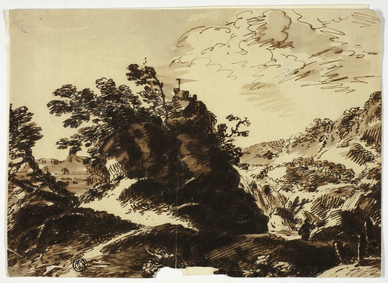 Paisaje montañoso con figura en primer plano de Unknown