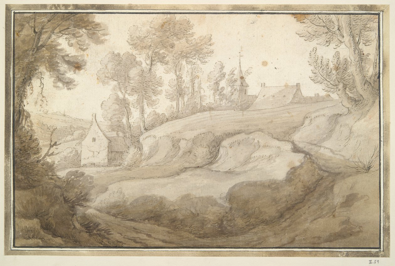 Paisaje montañoso con casa e iglesia en media distancia de Unknown