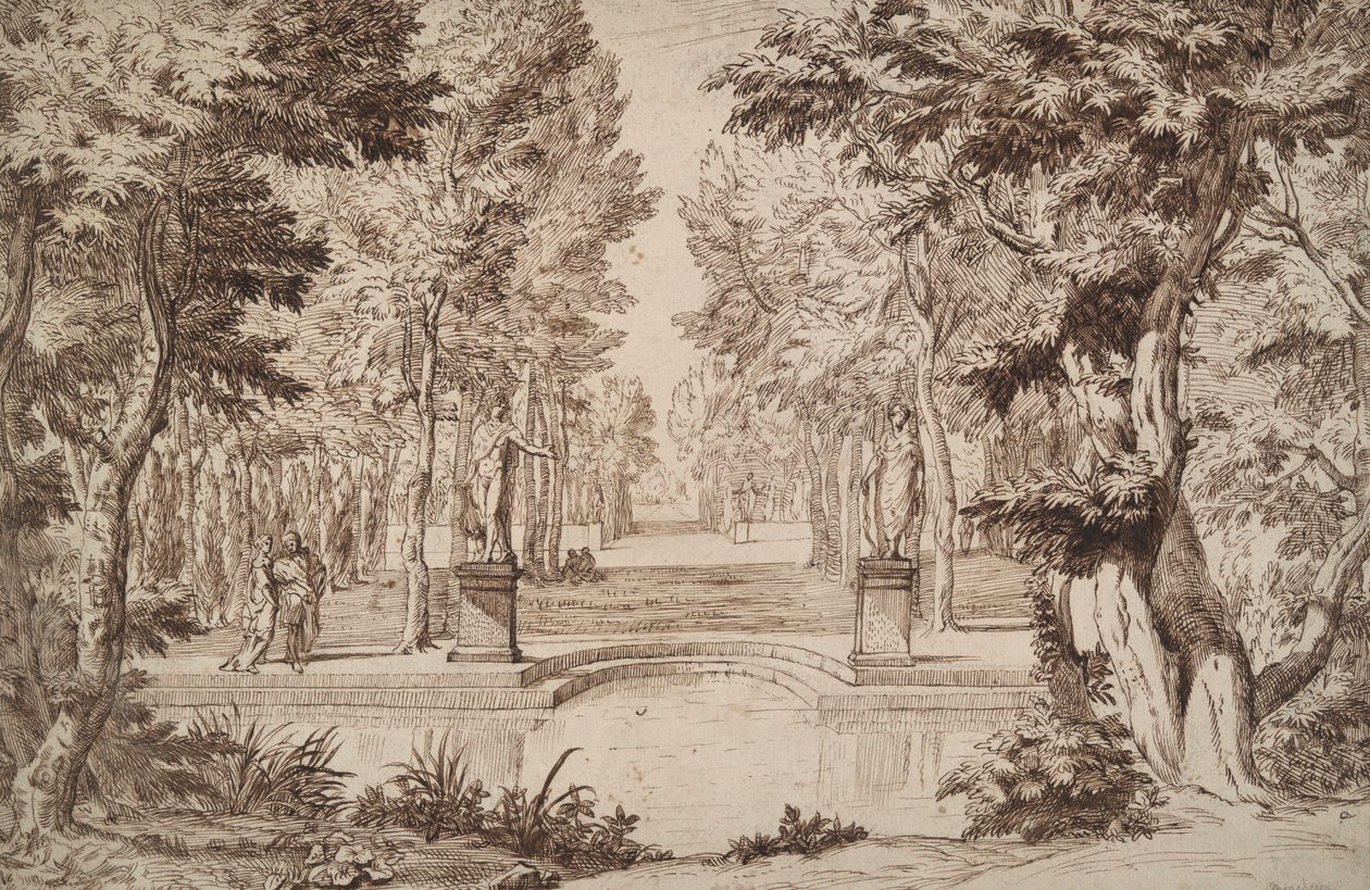 Vista imaginaria de un parque con estatuas y parejas de Unknown