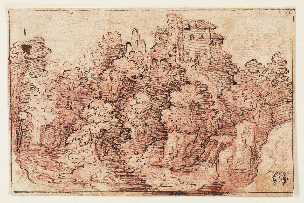 Paisaje: Casa en colina arbolada de Unknown