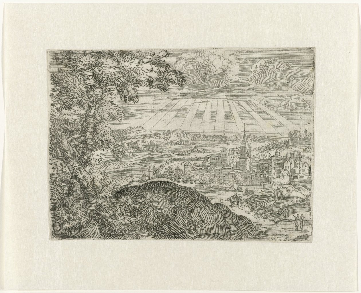 Paisaje con vista a la ciudad y sol radiante. de Unknown