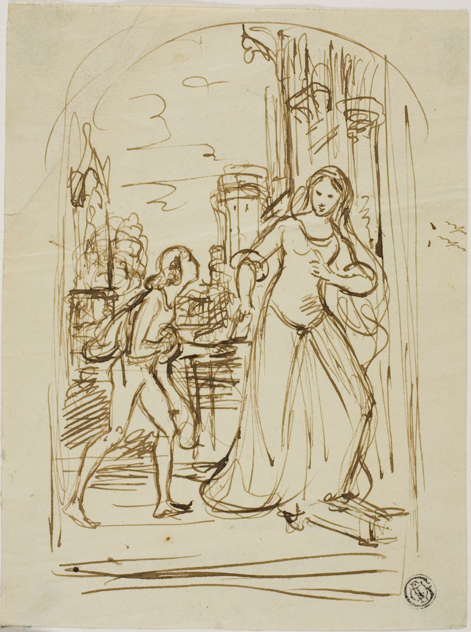 Ilustración literaria: Dama medieval con paje (anverso); Bocetos de figuras (reverso) de Unknown