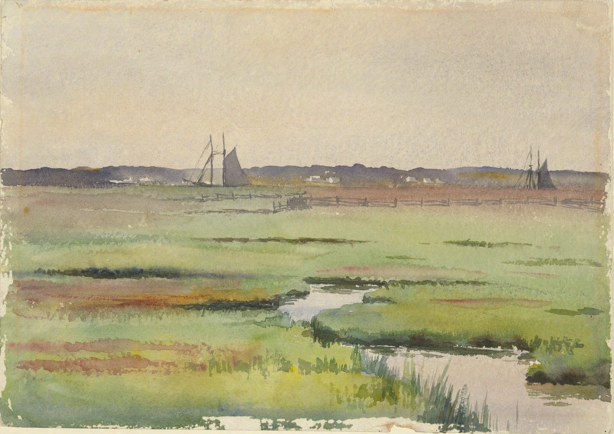 Paisaje pantanoso con barcos de Unknown