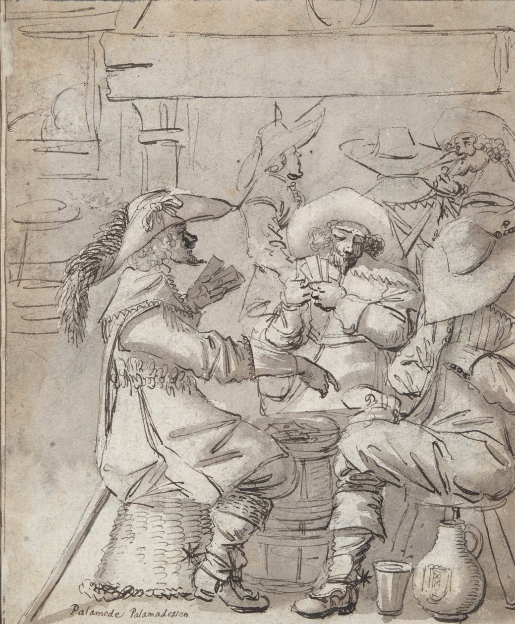 Hombres jugando a las cartas (anverso); Inn interior con hombre de pie fumando (verso) de Unknown