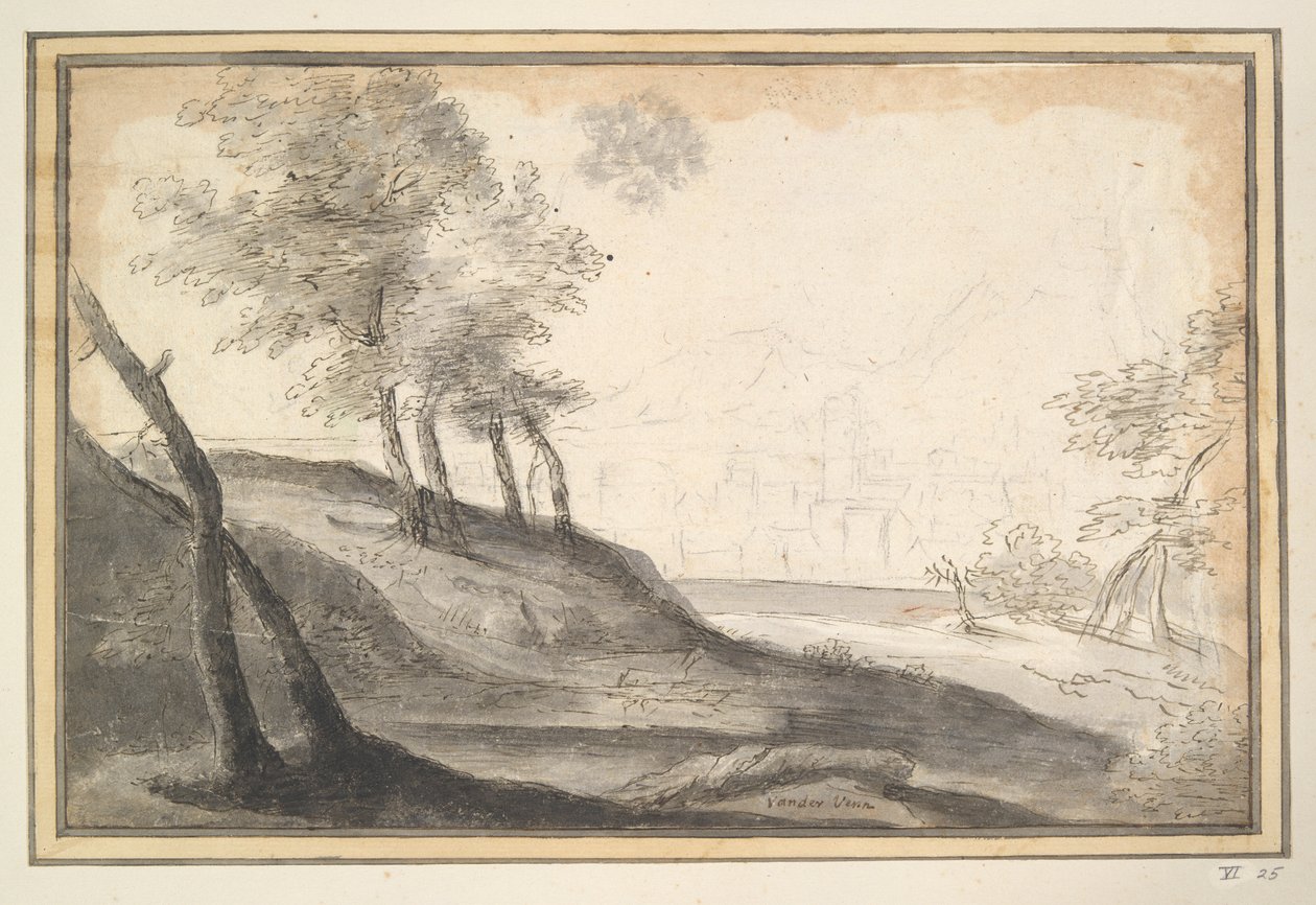 Paisaje montañoso con árboles y ciudad en la distancia. de Unknown