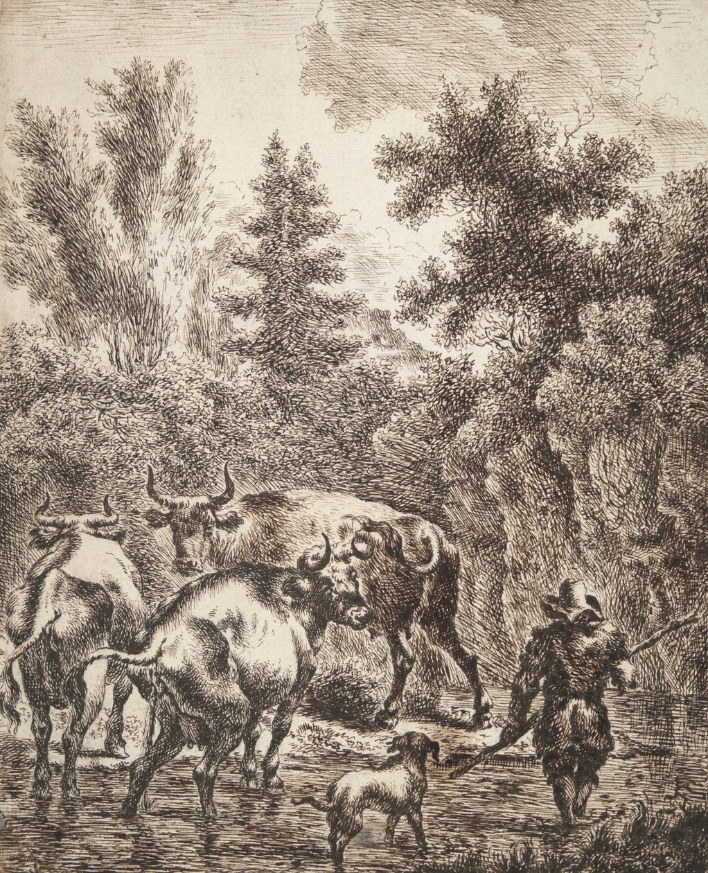 Arroyo de vadeo campesino con ganado y perros de Unknown