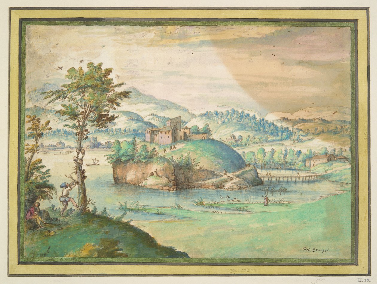 Paisaje de río con hombre trepando a un árbol de Unknown