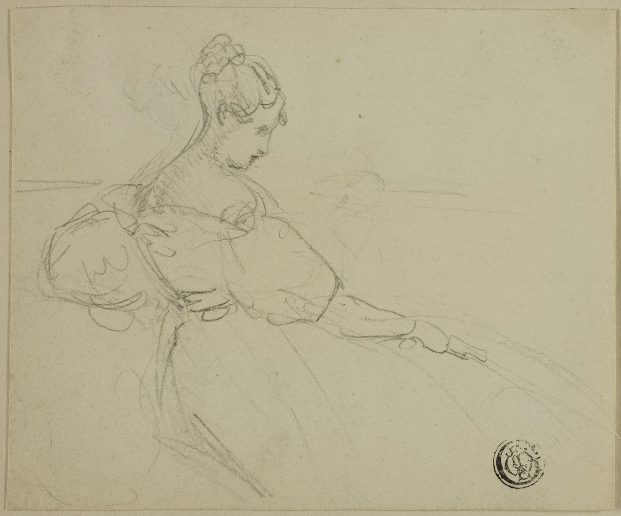 Boceto de mujer sentada con vestido de noche de perfil de Unknown
